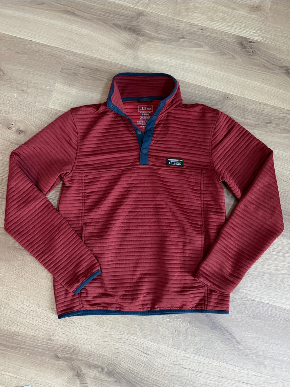 L.L. Bean Men's Red Snap-Front Ribbed Pullover with Navy Trim